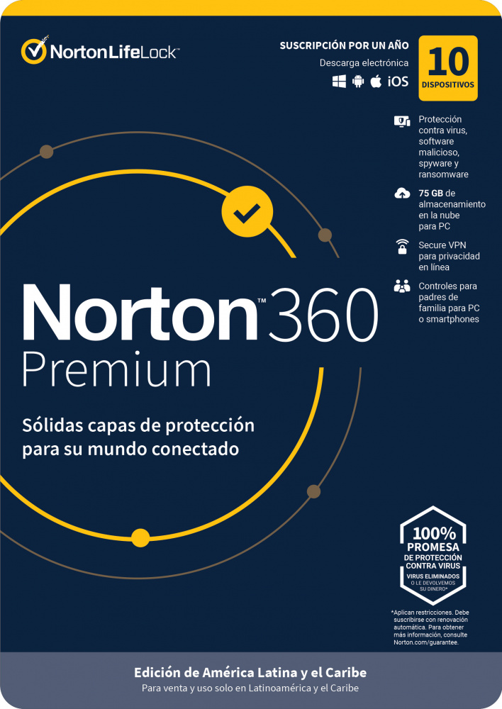 Norton 360 Premium/Total Security, 10 Dispositivos, 1 Año, Windows/Mac/Android/iOS